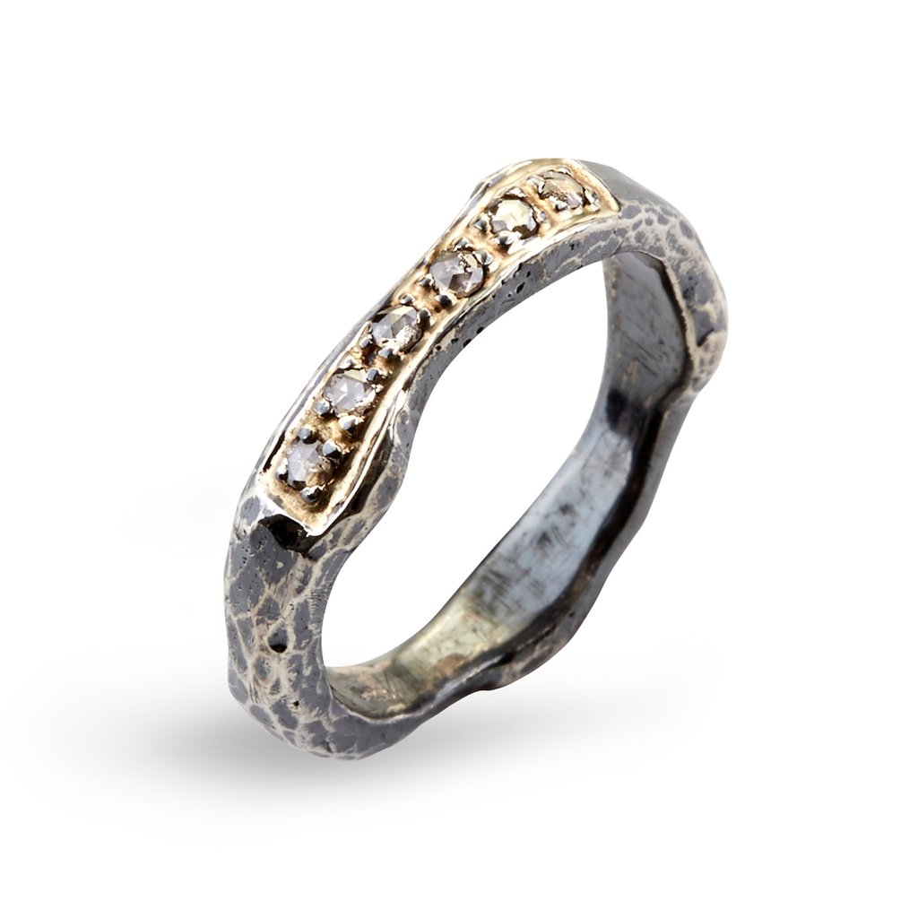 By Birdie Heritage Golden Wave Sterling Sølv Ring Med 18 Kt Guld Og 018 Carat Diamanter