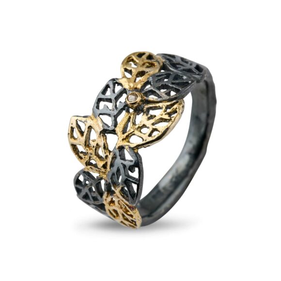 Beech Leaves Sterling Sølv Ring Fra By Birdie Med 18 Karat Guld Og Diamant 002 Carat